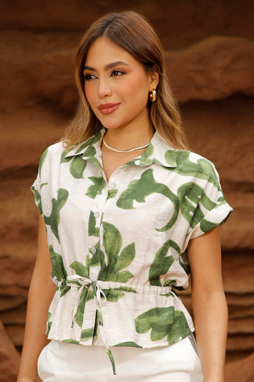 Blusa DF21300 para mujer de manga corta con estampado botánico dyaboo color verde 1