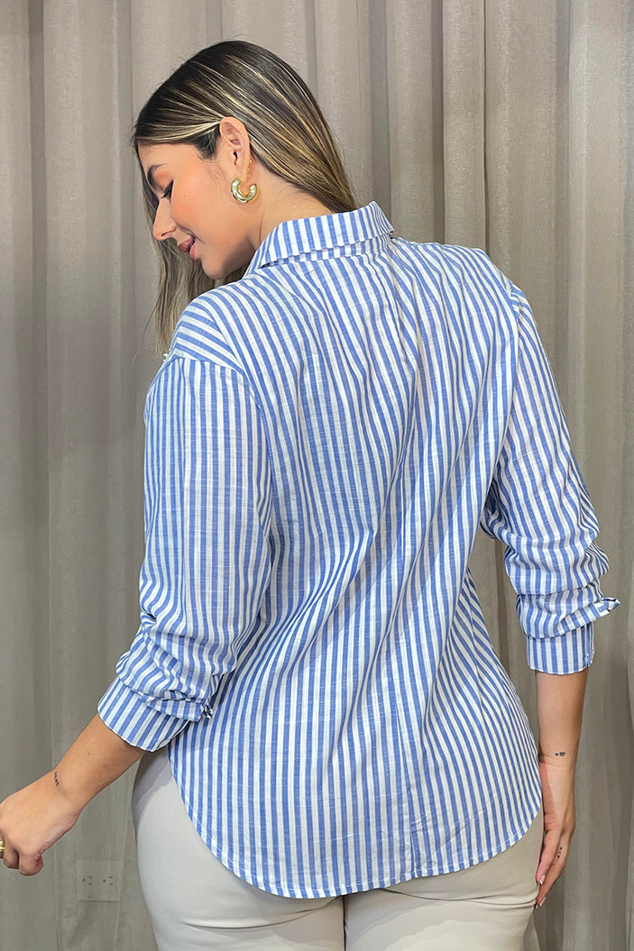 Camisa DP21065 para mujer de rayas verticales , de corte clásico y manga larga dyaboo color azul 1