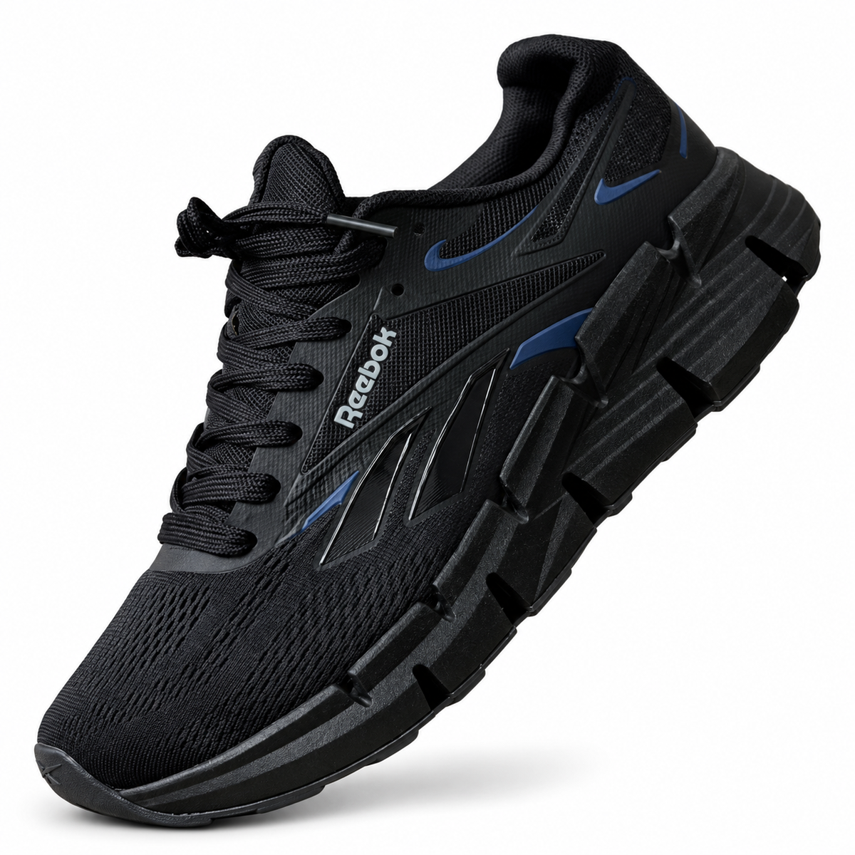1026-H118 REEBOK NEGRO X AZUL — vista individual evidenciada en JU-O004, fondo blanco