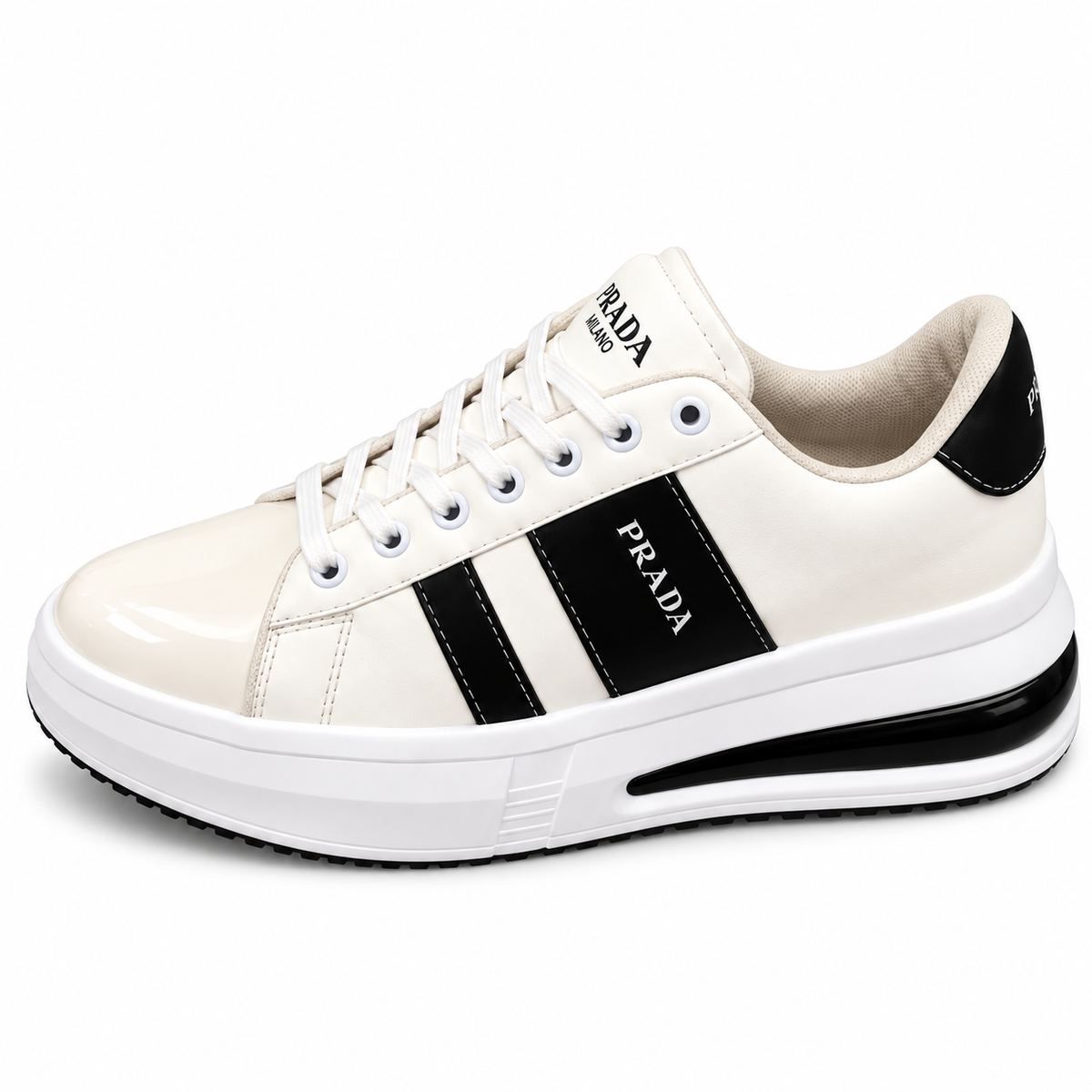 1026-H122 PRADA BLANCO X NEGRO — lateral, fuente JU-O067, fondo blanco