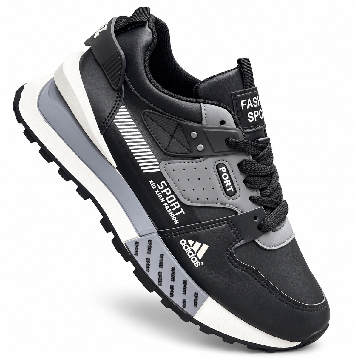 1026-H132 ADIDAS NEGRO X GRIS X BLANCO — vista individual evidenciada en JU-O005, fondo blanco