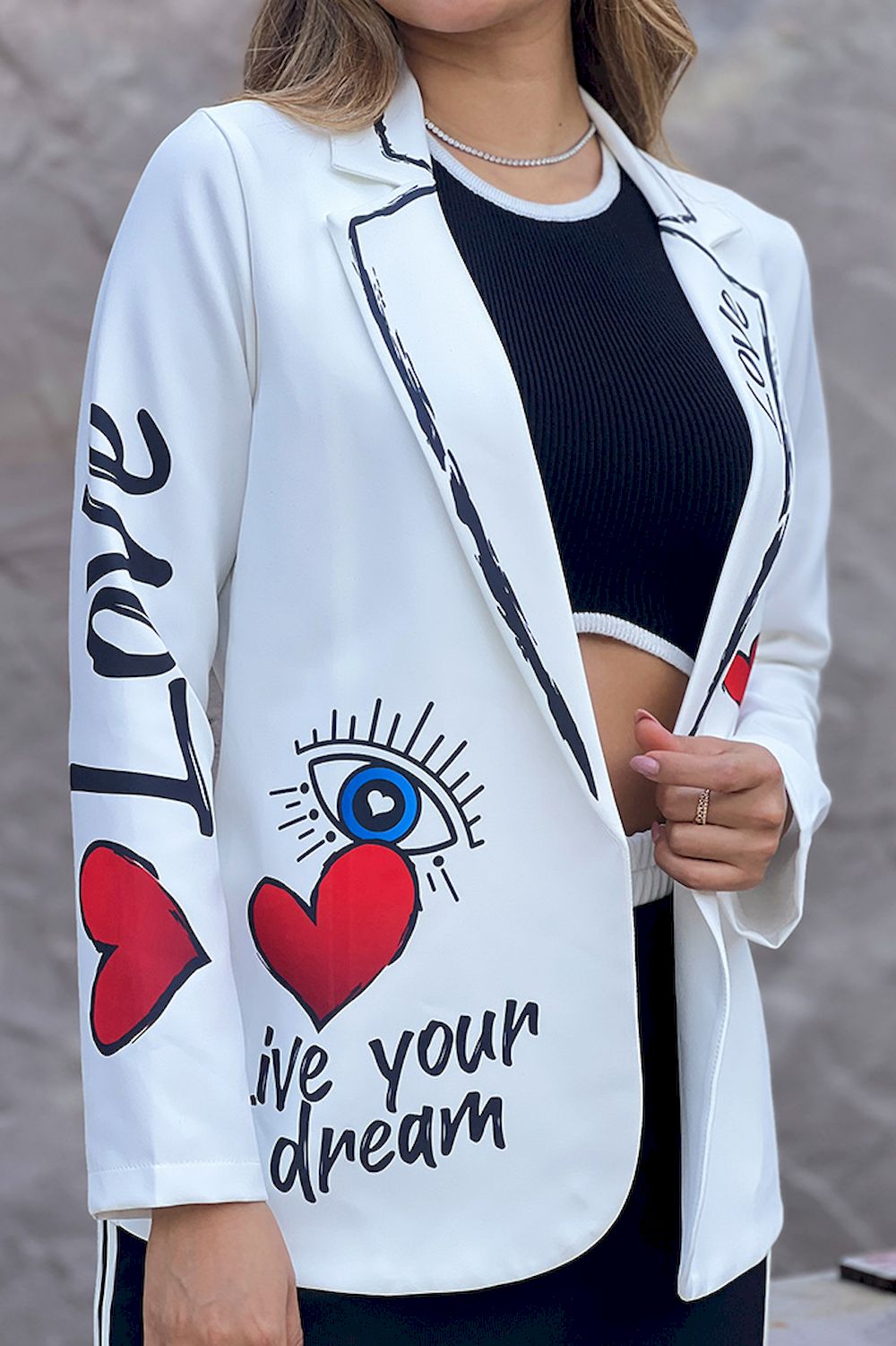 Blazer DF16025 estampado corazones para mujer dyaboo blanco 01