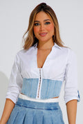 Blusa Camisera Corta para mujer dyaboo blanco crudo denim DF21227