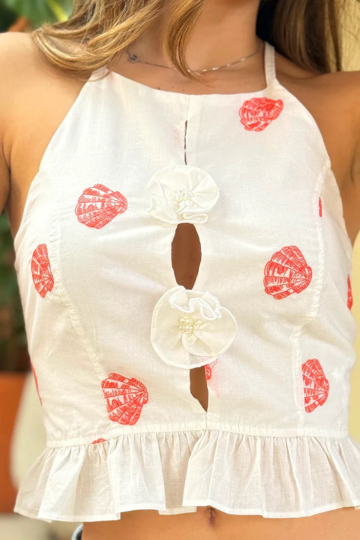 Blusa Corta Tiras DF01A64 estampado conchas para mujer dyaboo coral/blanco