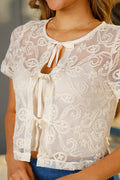 Blusa DF01794 con moños corta de manga corta para mujer, elaborada en tul bordado dyaboo color beige 1