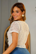 Blusa DF01794 con moños corta de manga corta para mujer, elaborada en tul bordado dyaboo color beige 2