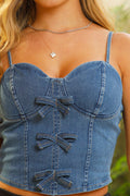 Blusa DF01811 para mujer corta elaborada en denim (mezclilla) de tiras   delgadas dyaboo color azul 1