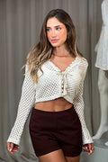 Blusa DF01826 para mujer de crochet de manga larga con escote en “V dyaboo color beige 3