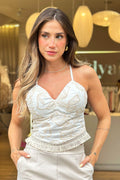 Blusa DF01835 para mujer de tirantes finos con bordado delicado en forma de hojas dyaboo color beige 2