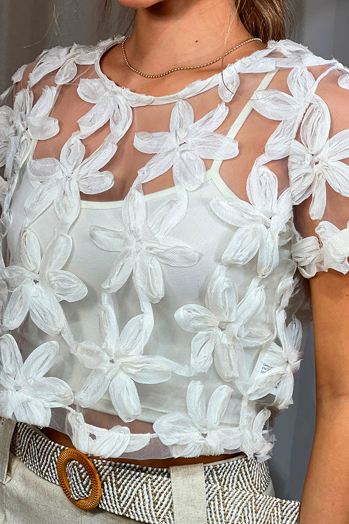 Blusa DF01836-1 transparente de malla con apliques florales en relieve dyaboo color crudo