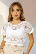 Blusa DF02292 Blusa manga corta silueta ajustada para mujer. Elaborada en encaje dyaboo crudo 3