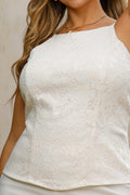Blusa DP02127 para mujer sin mangas con escote halter, elaborado en encaje floral delicado dyaboo color crudo 4