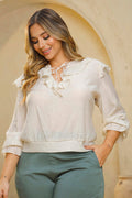 Blusa DP02134 para mujer con volantes en el escote, mangas tres cuartos dyaboo color beige 1