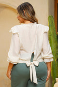 Blusa DP02134 para mujer con volantes en el escote, mangas tres cuartos dyaboo color beige 2