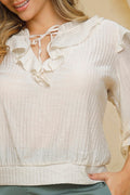 Blusa DP02134 para mujer con volantes en el escote, mangas tres cuartos dyaboo color beige