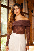 Blusa Larga Bandeja DF02474 encaje floral con transparencias para mujer dyaboo cafe