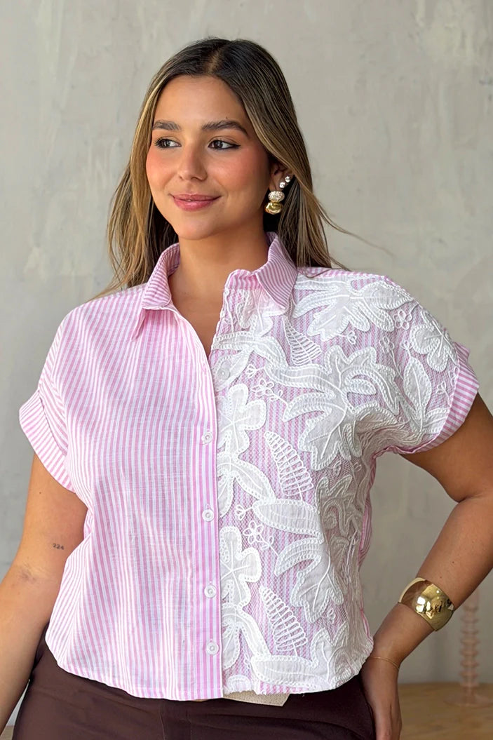 Blusa Larga Manga Corta - Plus DP02202 para mujer dyaboo rosado