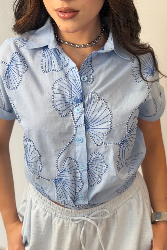 Blusa Larga Manga Corta DF02556 para mujer dyaboo azul