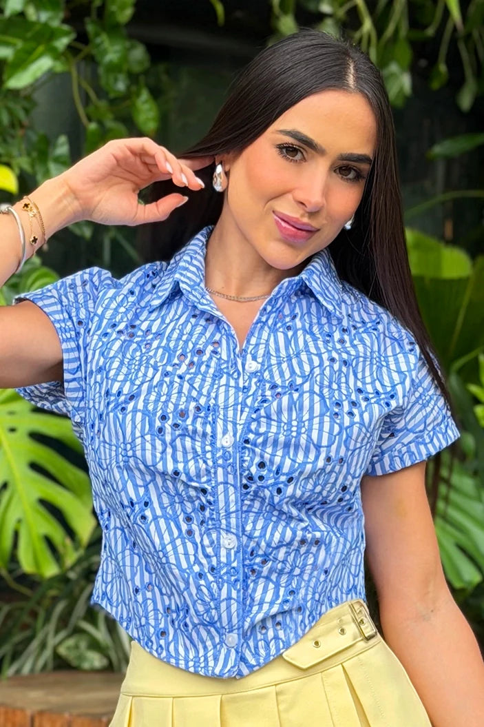 Blusa Larga Manga Corta DF02560 para mujer dyaboo azul