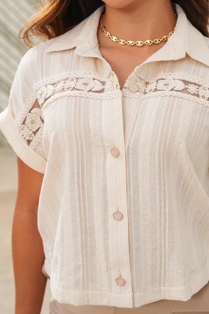 Blusa Larga Manga Corta DF02575 Para mujer dyaboo beige