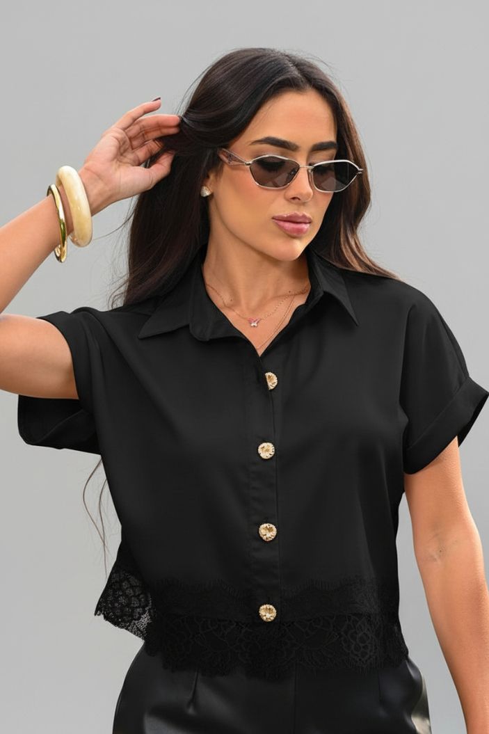 Blusa Larga Manga Corta DF02584 para mujer dyaboo NEGRO