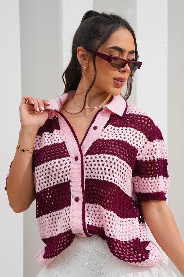 Blusa Larga Manga Corta TF02468 para mujer dyaboo- rosado/vinotinto