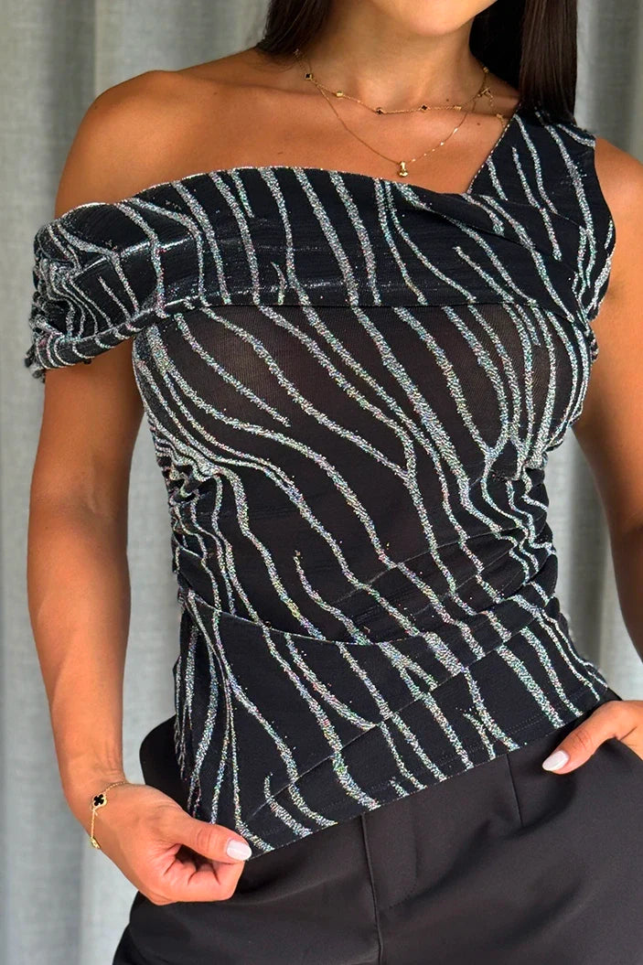 Blusa Larga Solo Hombro DF02482 malla poliéster spandex para mujer dyaboo negro