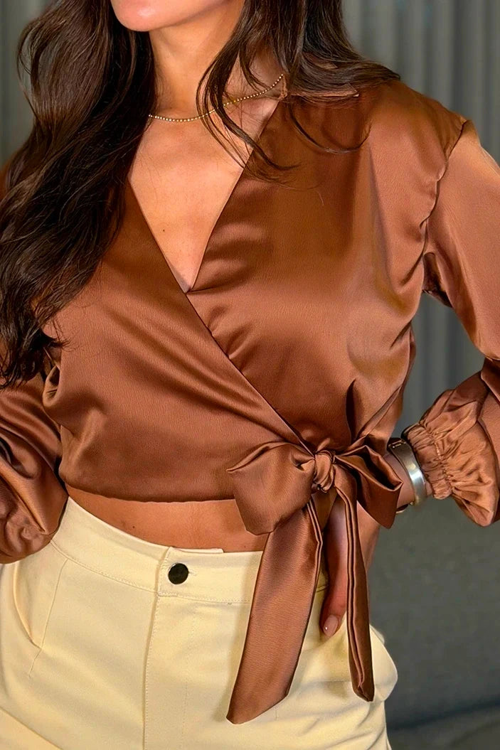 Blusa Manga larga satin DF01467 para mujer dyaboo cafe