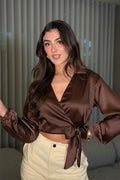 Blusa Manga larga satin DF01467 para mujer dyaboo cafe oscuro