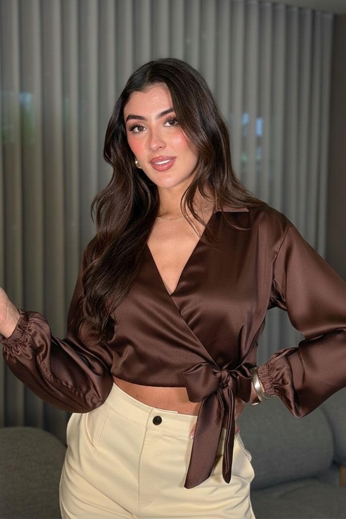 Blusa Manga larga satin DF01467 para mujer dyaboo cafe oscuro