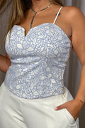 Blusa Pluss DP02108 silueta ajustada para mujer. Elaborada en poliéster con grabado en tejido. dyaboo azul