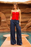 Blusa Strapless DF02384 con botones dorados para mujer dyaboo rojo