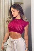 Blusa TF01565 manga corta silueta ajustada tejida para mujer dyaboo vinotinto 1