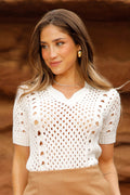Blusa TF04043 para mujer tejida tipo crochet, con escote en V y manga corta dyaboo color crudo 1