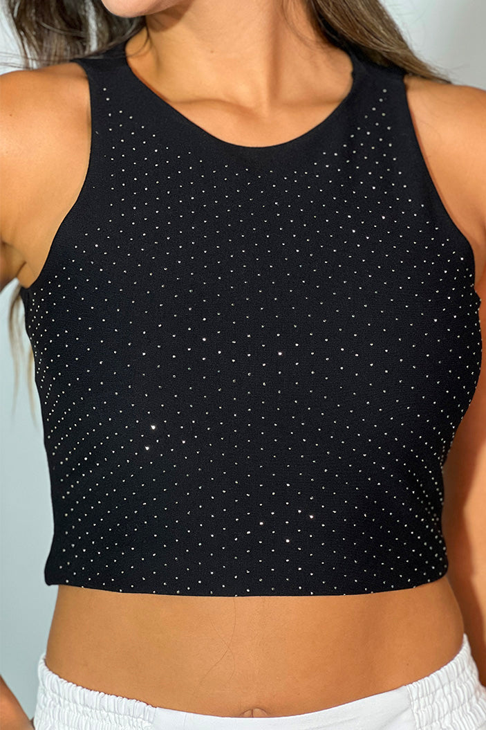 Blusa básica corta sisa con brillos para mujer dyaboo DF01424 negra