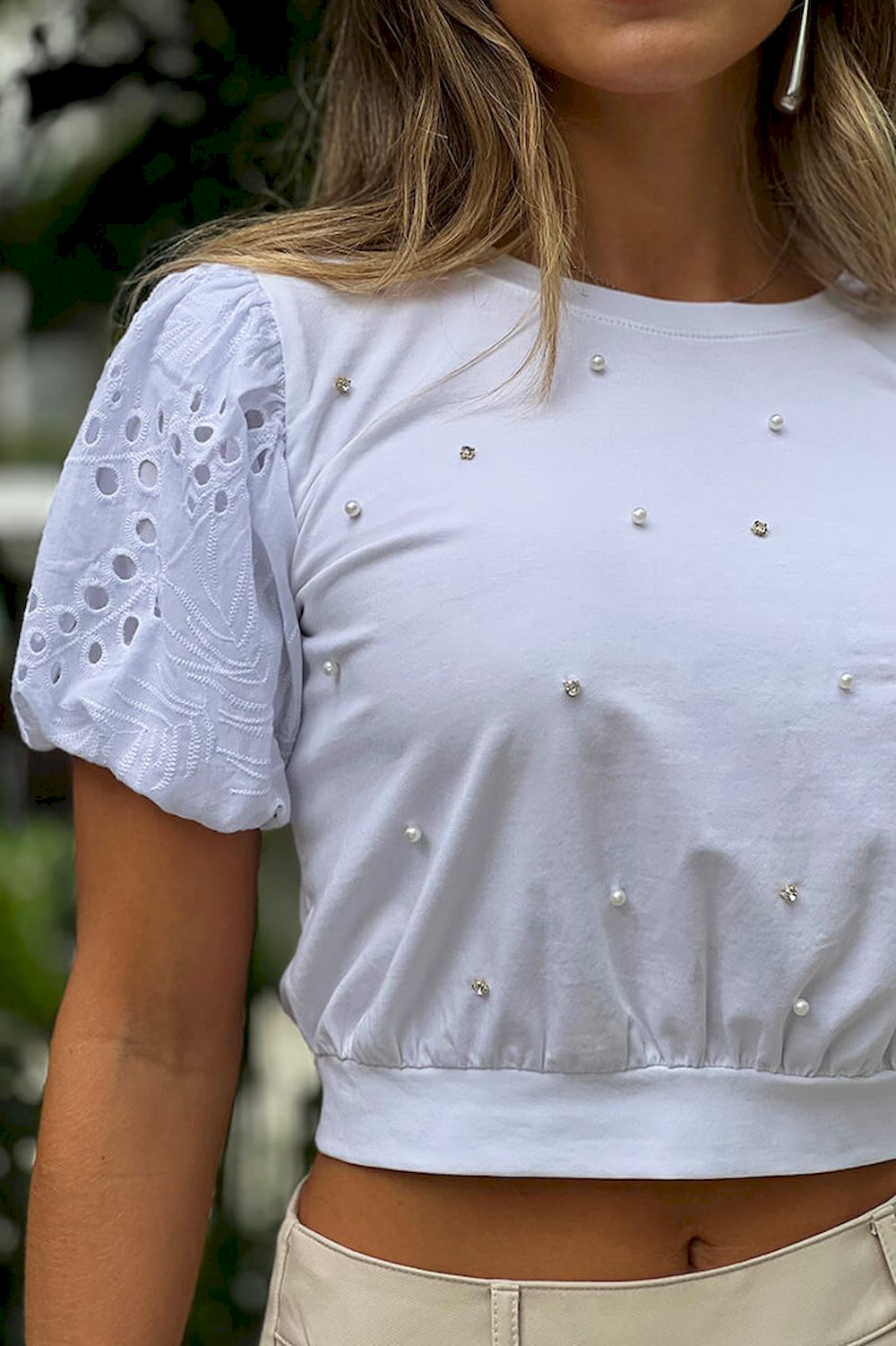 Blusa corta manga corta ojalillo para mujer DF01538 dyaboo crudo blanco