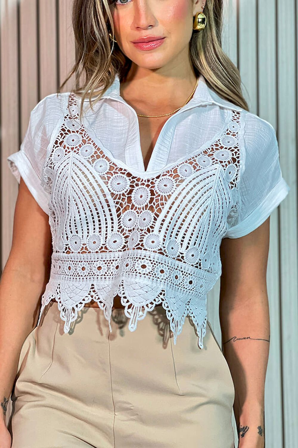 Blusa corta manga corta tejido DF01522 dyaboo crudo blanco