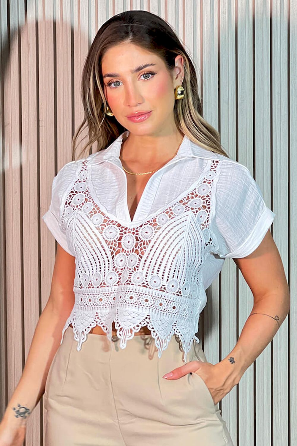 Blusa corta manga corta tejido DF01522 dyaboo crudo blanco