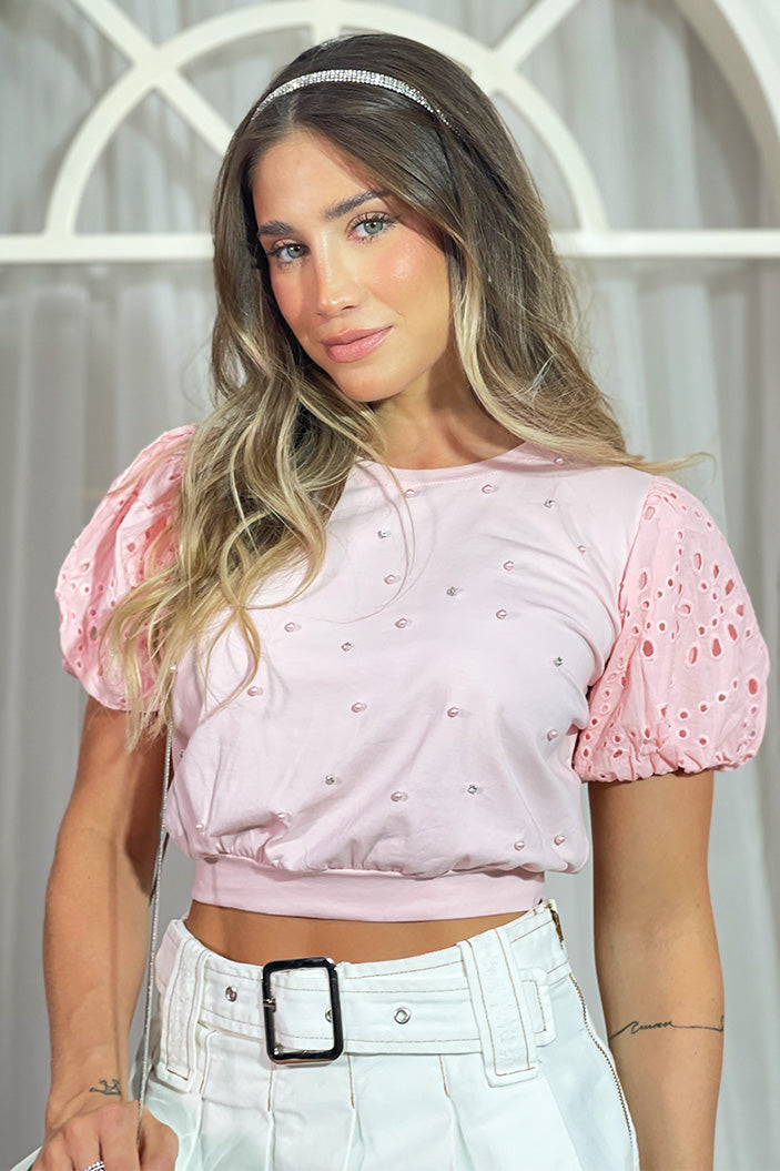 Blusa corta manga en globo DF01538 elaborada en algodon para mujer dyaboo rosado