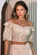 Blusa corta ojalillo cuello bandeja para mujer dyaboo DF01531 beige