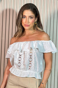 Blusa cuello bandeja lino para mujer DF015291 crudo blanco