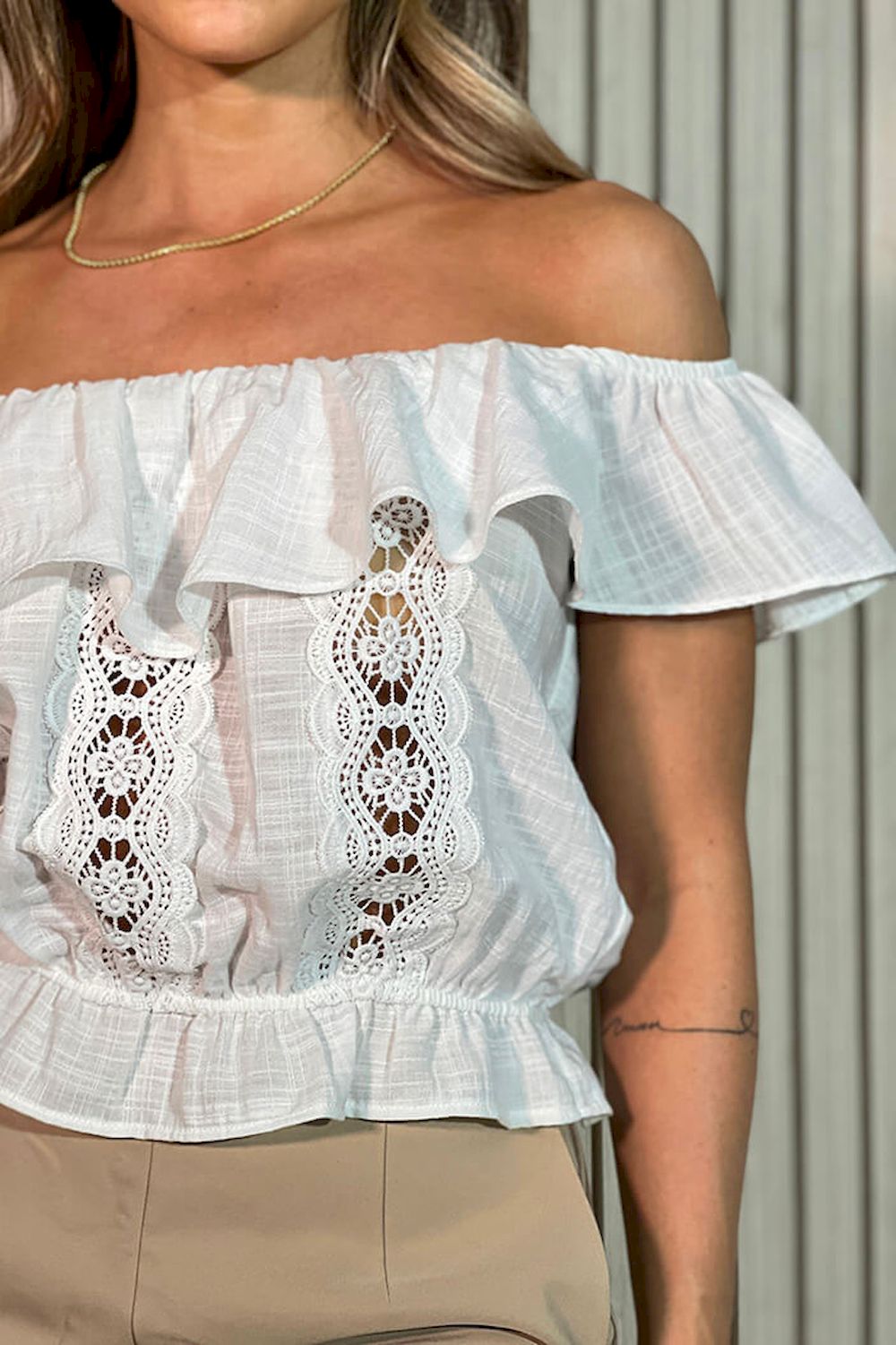 Blusa cuello bandeja lino para mujer DF015291 crudo blanco