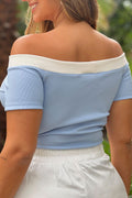 Blusa cuello bandeja pluss tallas grandes DP02076 dyaboo azul