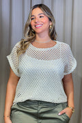 Blusa duos DP02096 para mujer. Blusa básica elaborada en poliéster y blusa sobrepuesta tejida dyaboo color plata