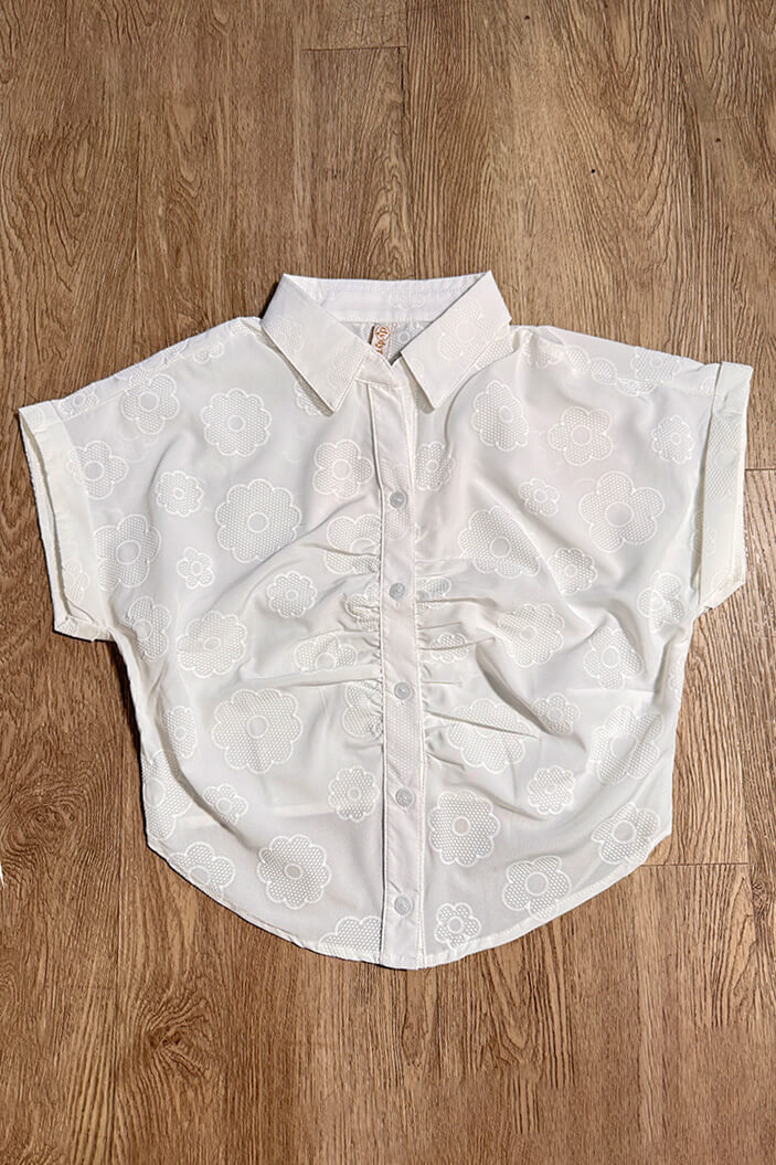 Blusa manga corta DF21239 silueta ajustada con estampado para mujer elaborada en chalís dyaboo crudo 01