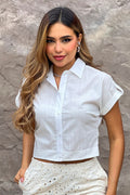 Blusa manga corta DF21250 silueta ajustada elaborada en chalis dyaboo crudo