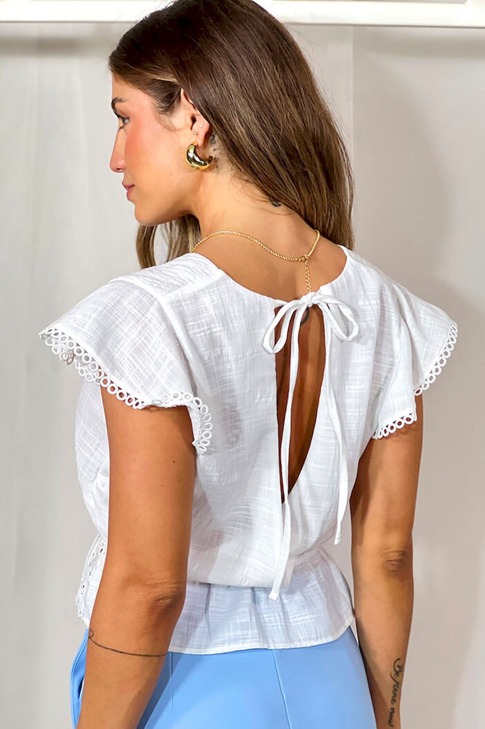 Blusa manga corta lino para mujer dyaboo DF02228 blanca cruda