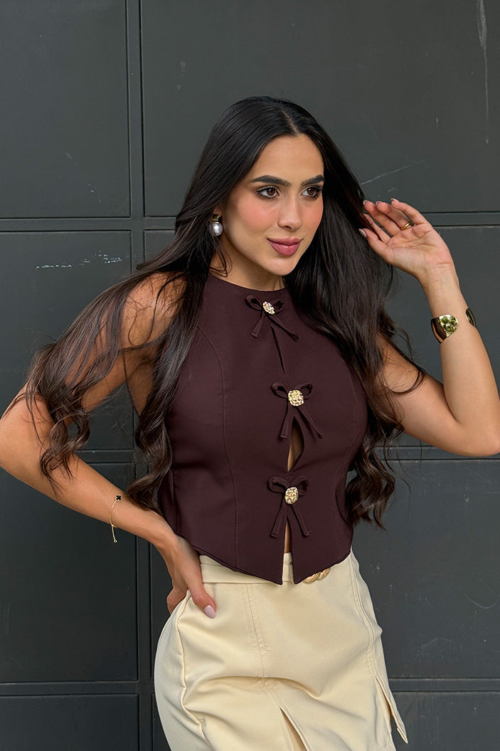 Blusa moños DF01934 para mujer dyaboo cafe