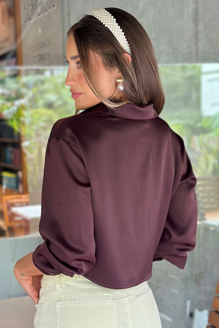 Camisa corta manga larga satin para mujer DF21027 dyaboo blanca cafe