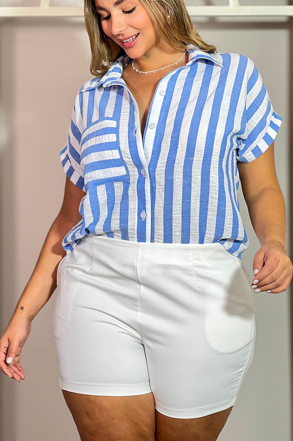 Camisa lino azul rayas talla grande plus dyaboo DP21036